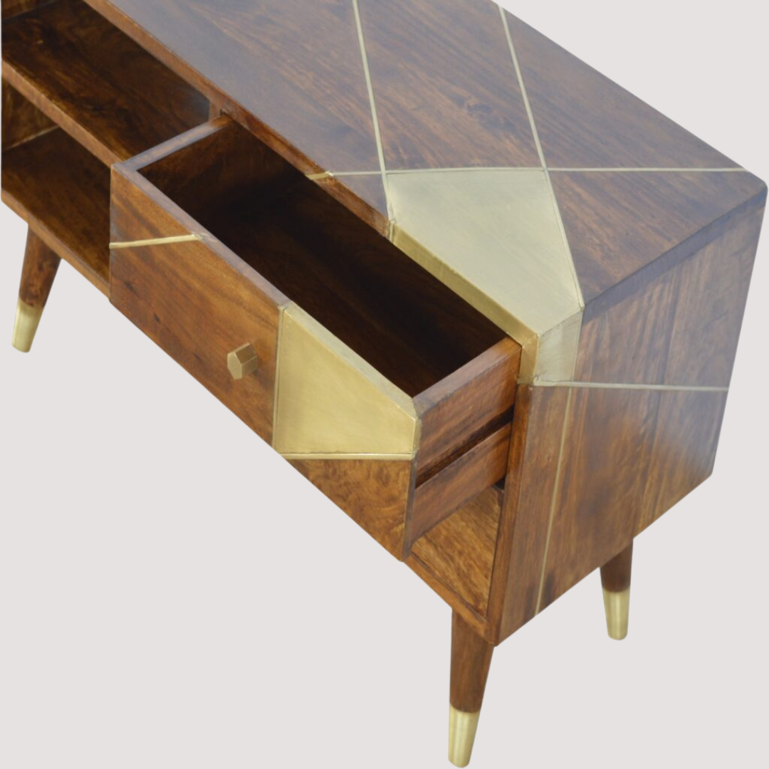 Mediastandaard met gouden afwerking - tv-kast van kastanjehout