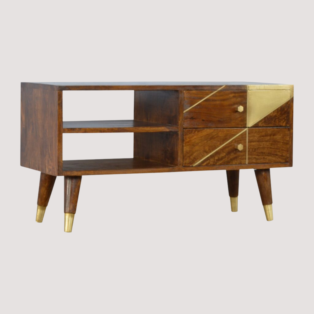 Mediastandaard met gouden afwerking - tv-kast van kastanjehout