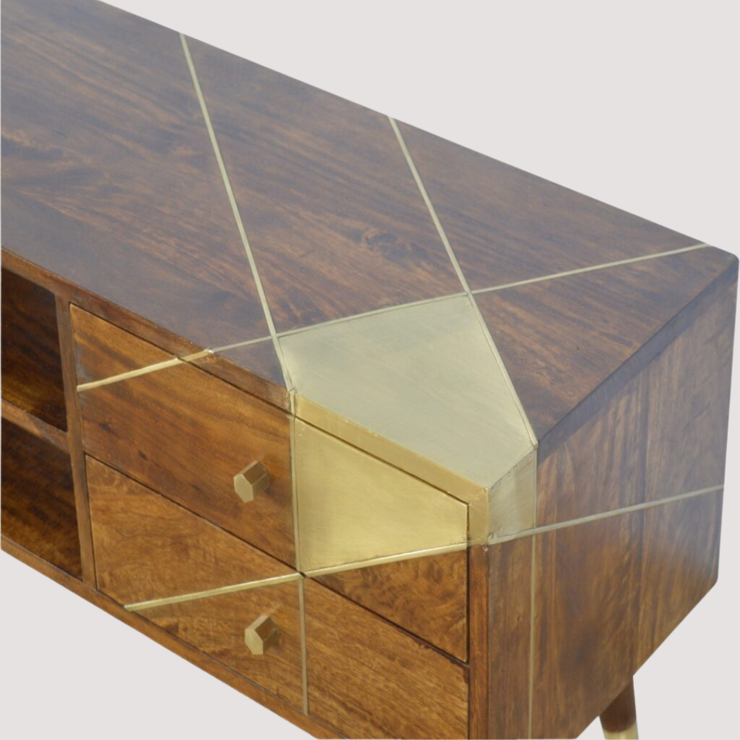 Mediastandaard met gouden afwerking - tv-kast van kastanjehout