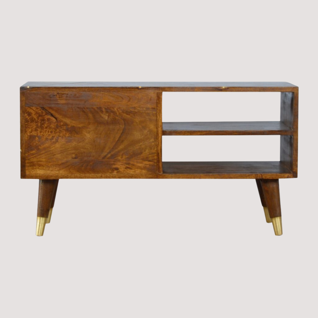 Mediastandaard met gouden afwerking - tv-kast van kastanjehout