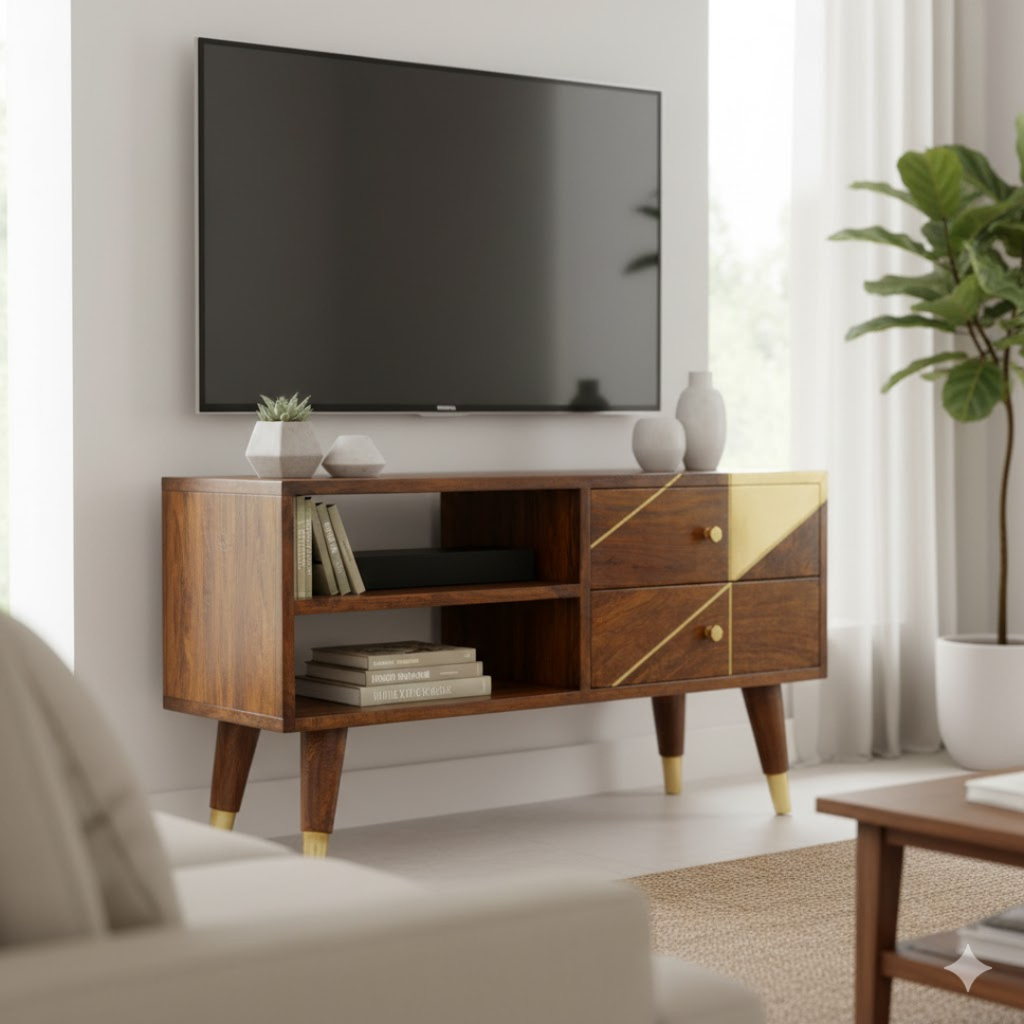 Mediastandaard met gouden afwerking - tv-kast van kastanjehout