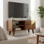 Mediastandaard met gouden afwerking - tv-kast van kastanjehout