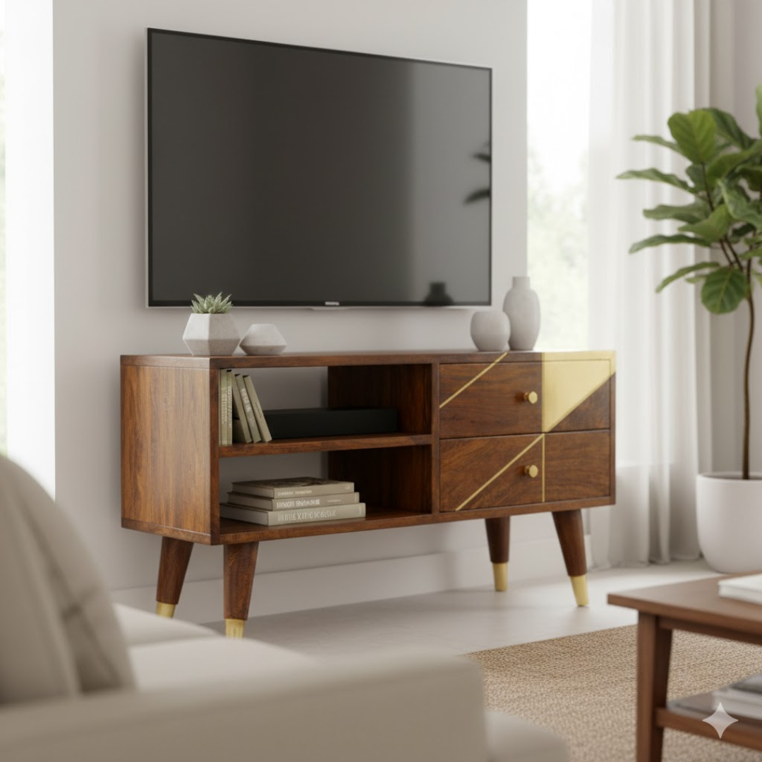 Mediastandaard met gouden afwerking - tv-kast van kastanjehout