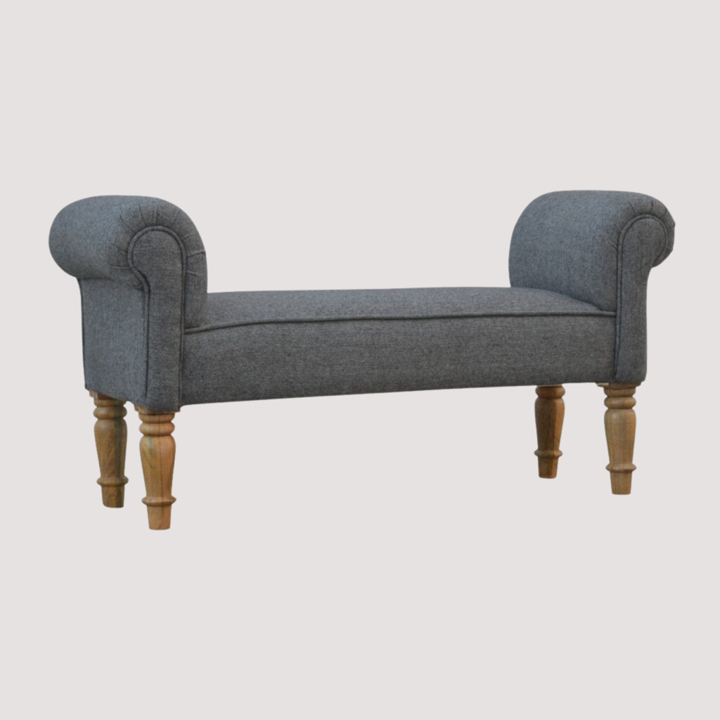 Elegante zwarte tweed gestoffeerde bank - Klassieke accentstoel met gesneden houten poten