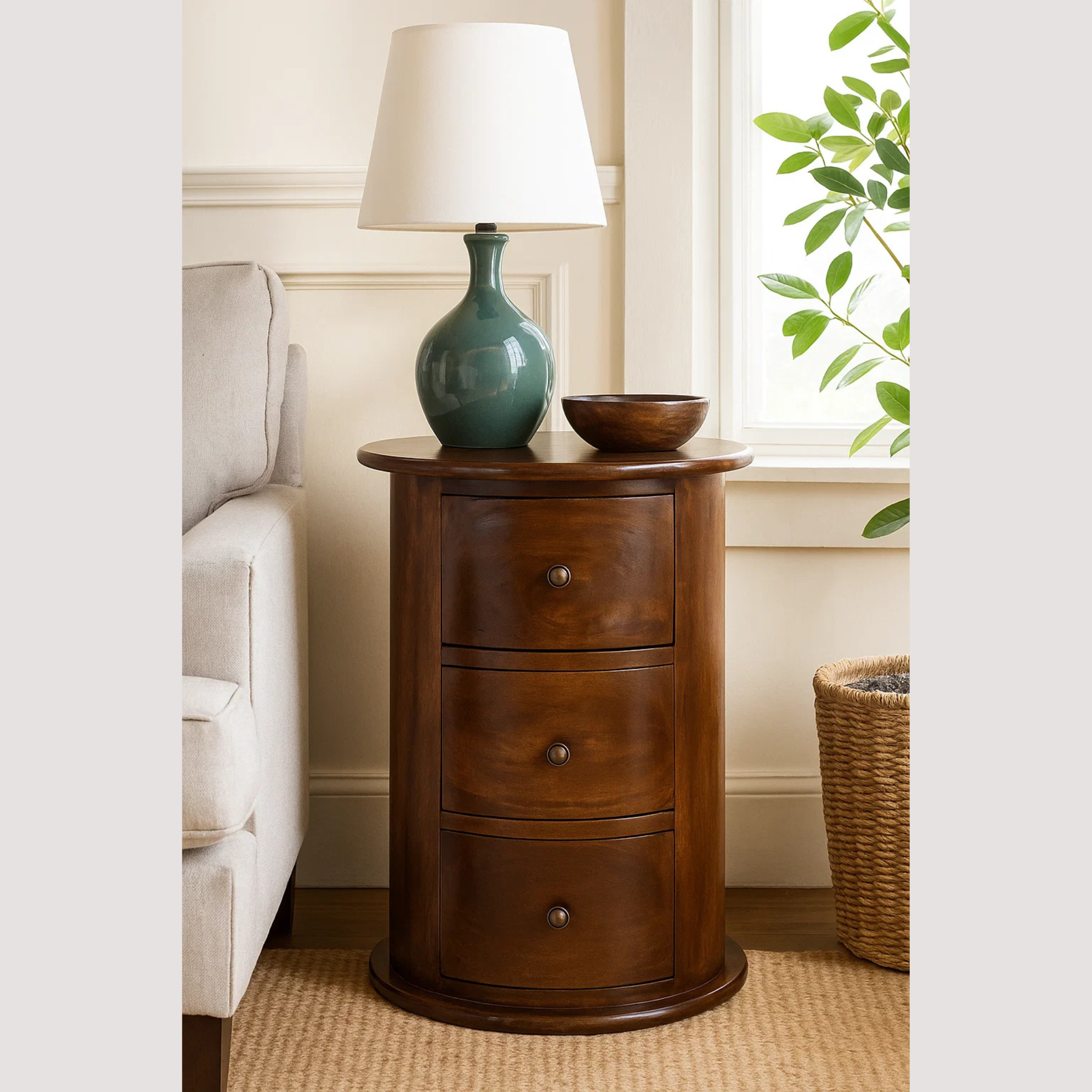 Artisan Chestnut Ronde Kist – 3-ladenkast voor stijlvolle accentopslag