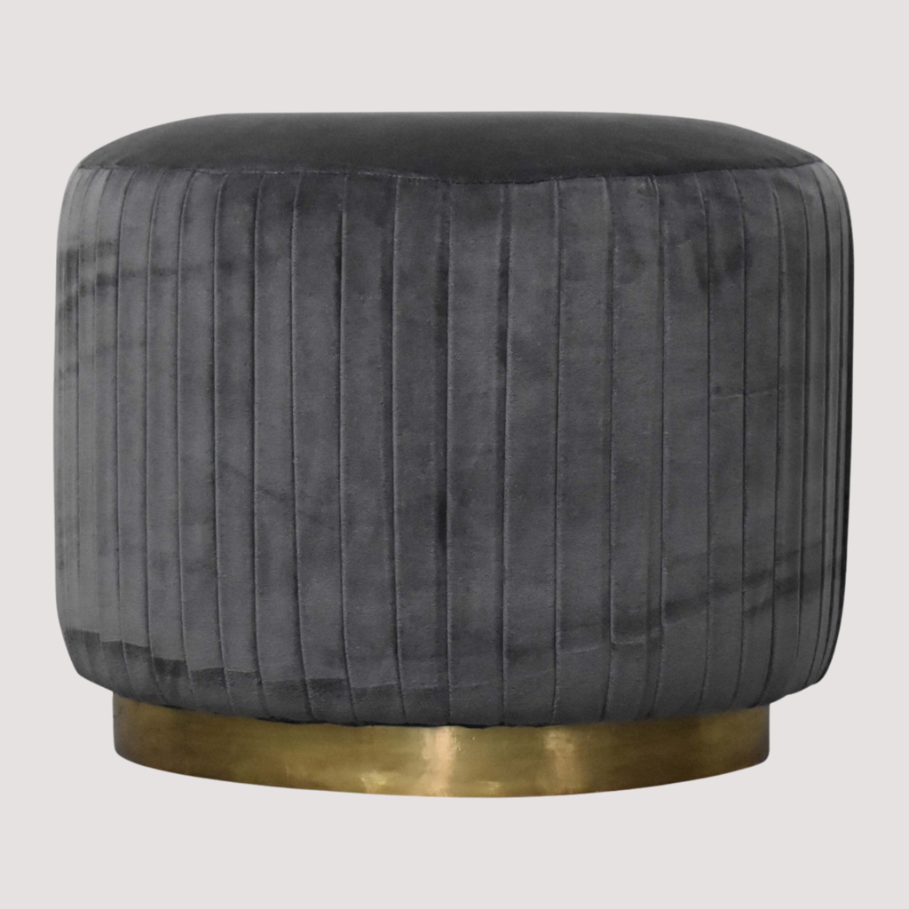 Glamoureuze ronde voetenbank van fluweel – geplooide gestoffeerde voetenbank voor stijlvol comfort