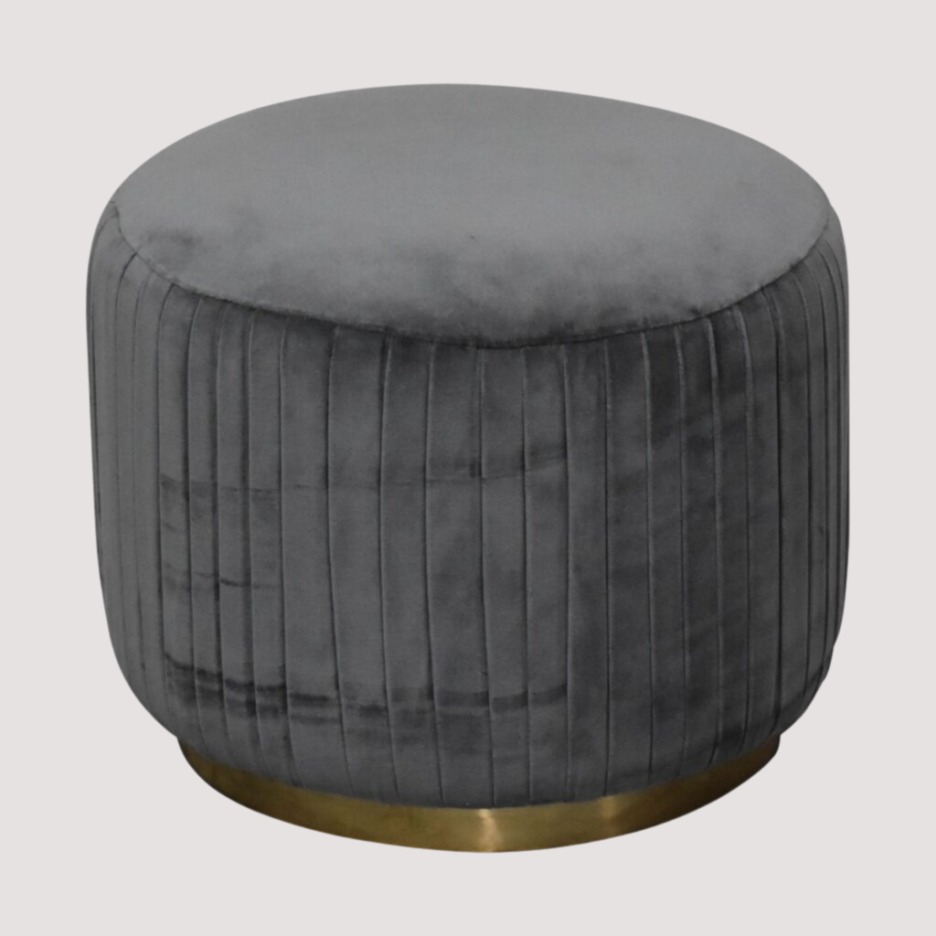 Glamoureuze ronde voetenbank van fluweel – geplooide gestoffeerde voetenbank voor stijlvol comfort