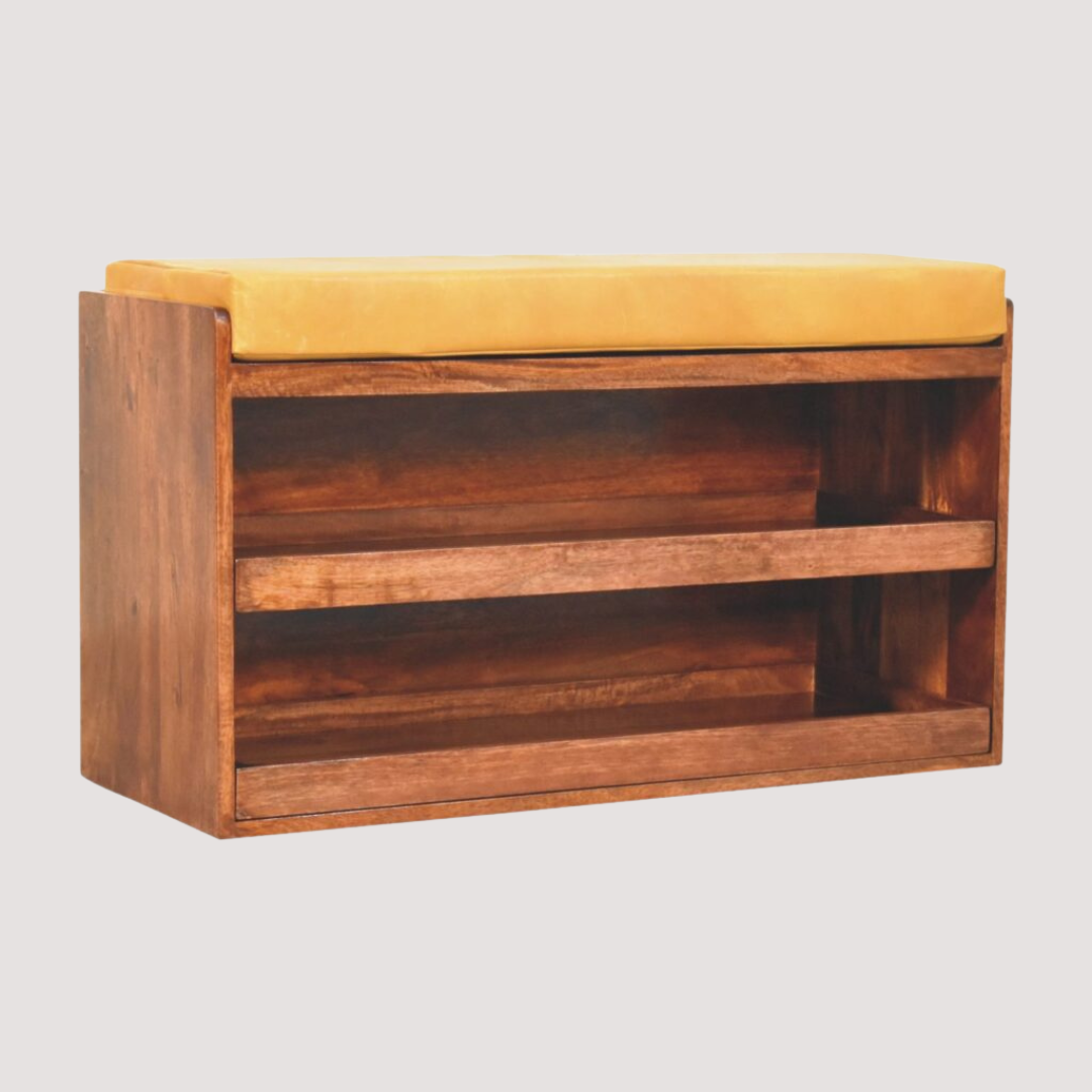 Vintage opbergbank van buffelleer – rijke karamelleren zitting met verborgen schoenenlade