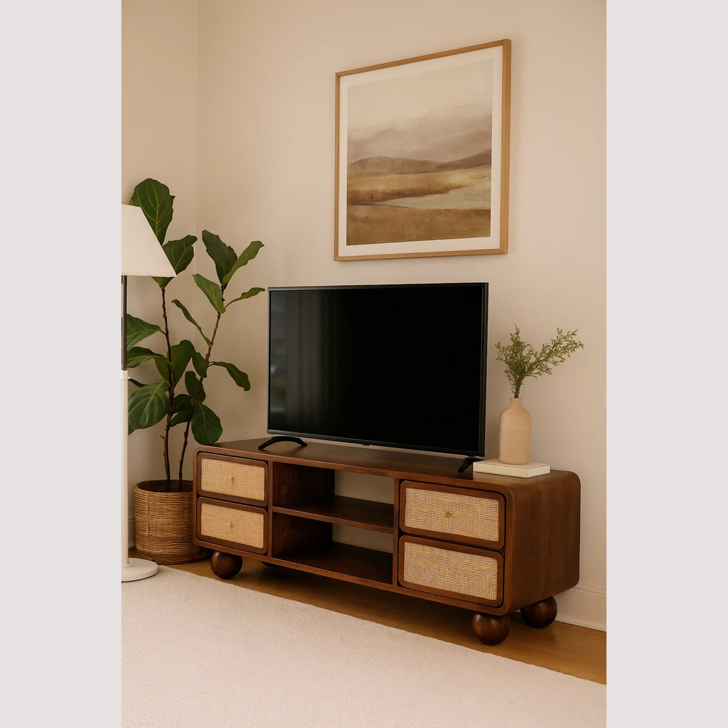 Handgemaakte mediastandaard van kastanjehout - entertainmentmeubel met vier laden voor moderne woningen