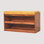 Vintage opbergbank van buffelleer – rijke karamelleren zitting met verborgen schoenenlade