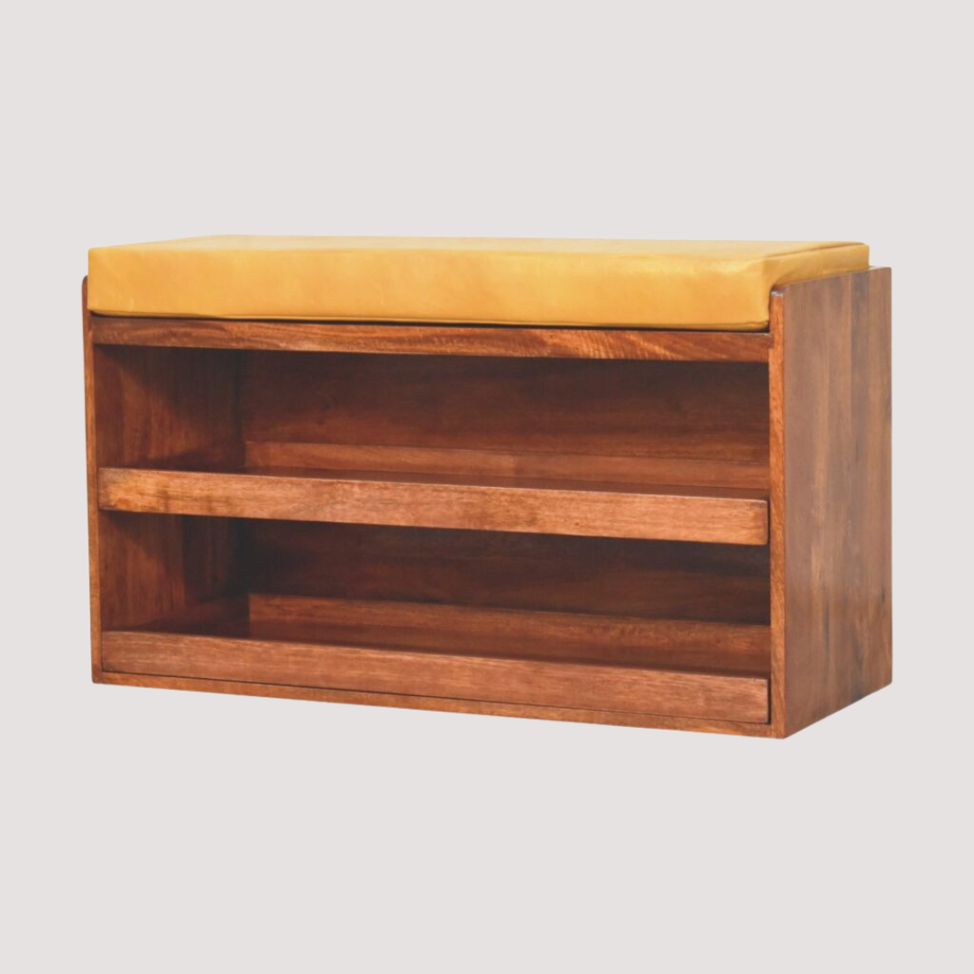 Vintage opbergbank van buffelleer – rijke karamelleren zitting met verborgen schoenenlade
