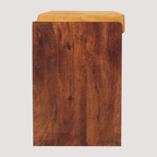 Vintage opbergbank van buffelleer – rijke karamelleren zitting met verborgen schoenenlade