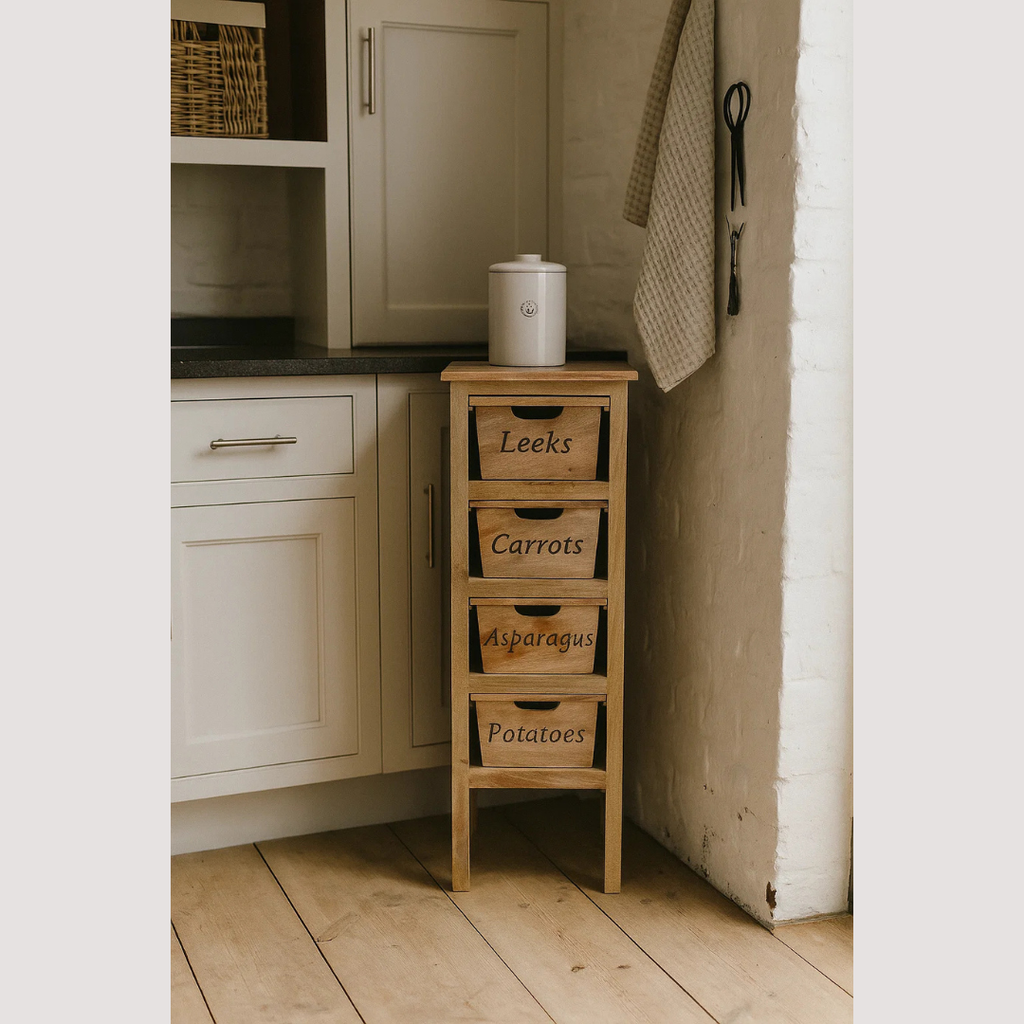 Ambachtelijk houten keukenkastje - Gedetailleerd gesneden ontwerp voor verfijnde woninginrichting