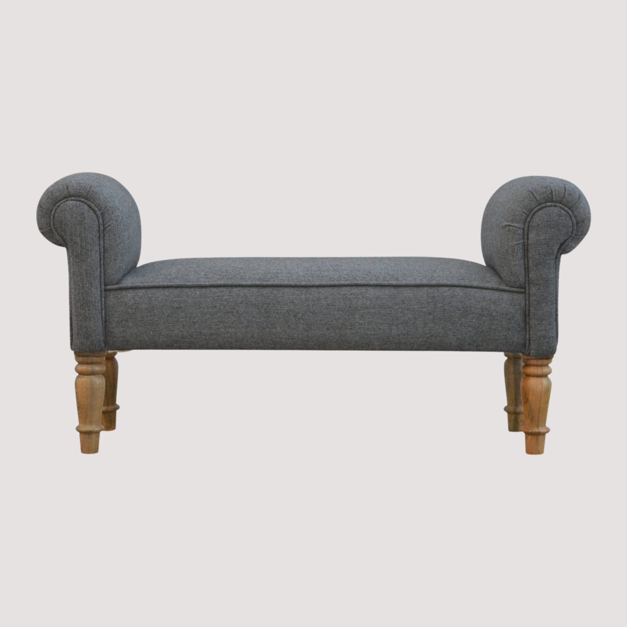 Elegante zwarte tweed gestoffeerde bank - Klassieke accentstoel met gesneden houten poten